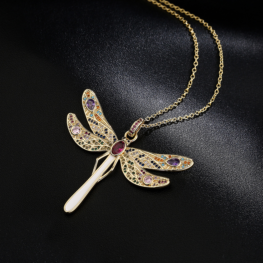Fashion copper plated 18K gold micro-set zircon dragonfly pendant necklace