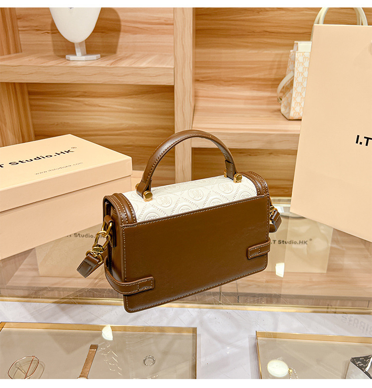 Túi xách vuông nhỏ da thật Hong Kong phong cách đơn giản, đeo chéo hoặc xách tay — Màu Trắng phối nâu chi tiết 5