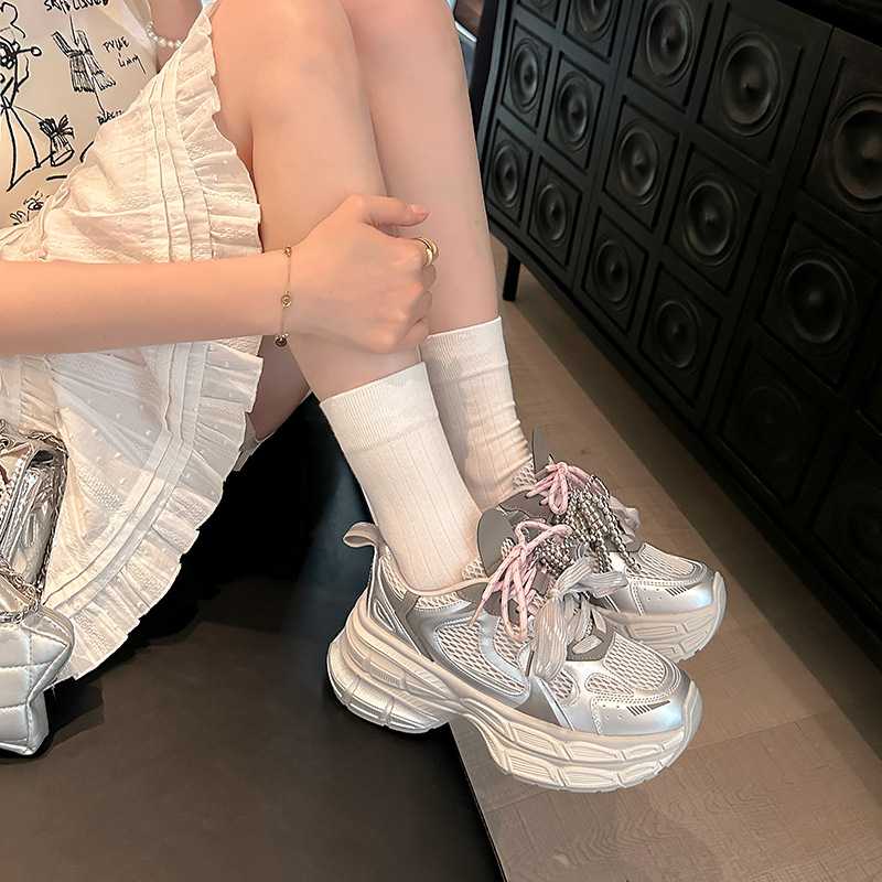 2025 verano nuevo estilo aumento 75mm ~ Doble suela gruesa realce gris zapatos deportivos casuales mujeres zapatos de papá mujeres