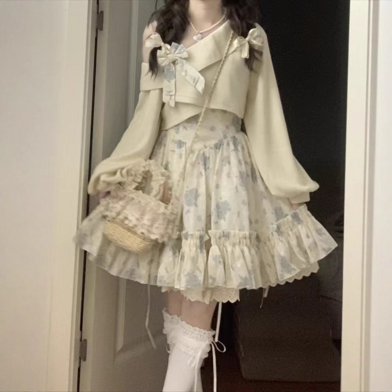 甜美少女蝴蝶结碎花连衣裙女夏季新款百搭重工裙摆斜肩卫衣两件套|undefined