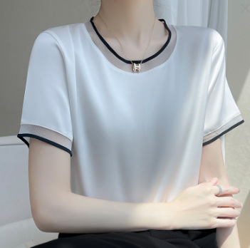 真丝雪纺上衣短袖夏季高端短袖t恤女2025年新款显瘦上衣真丝短袖