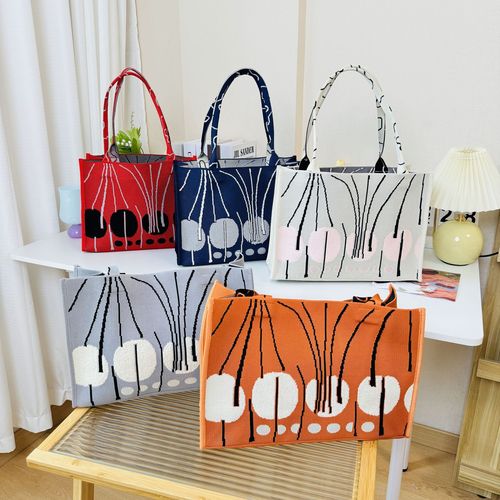 New round dot line knitted single shoulder handbag tote bag Korean style casual versatile large capacity commuting street bag