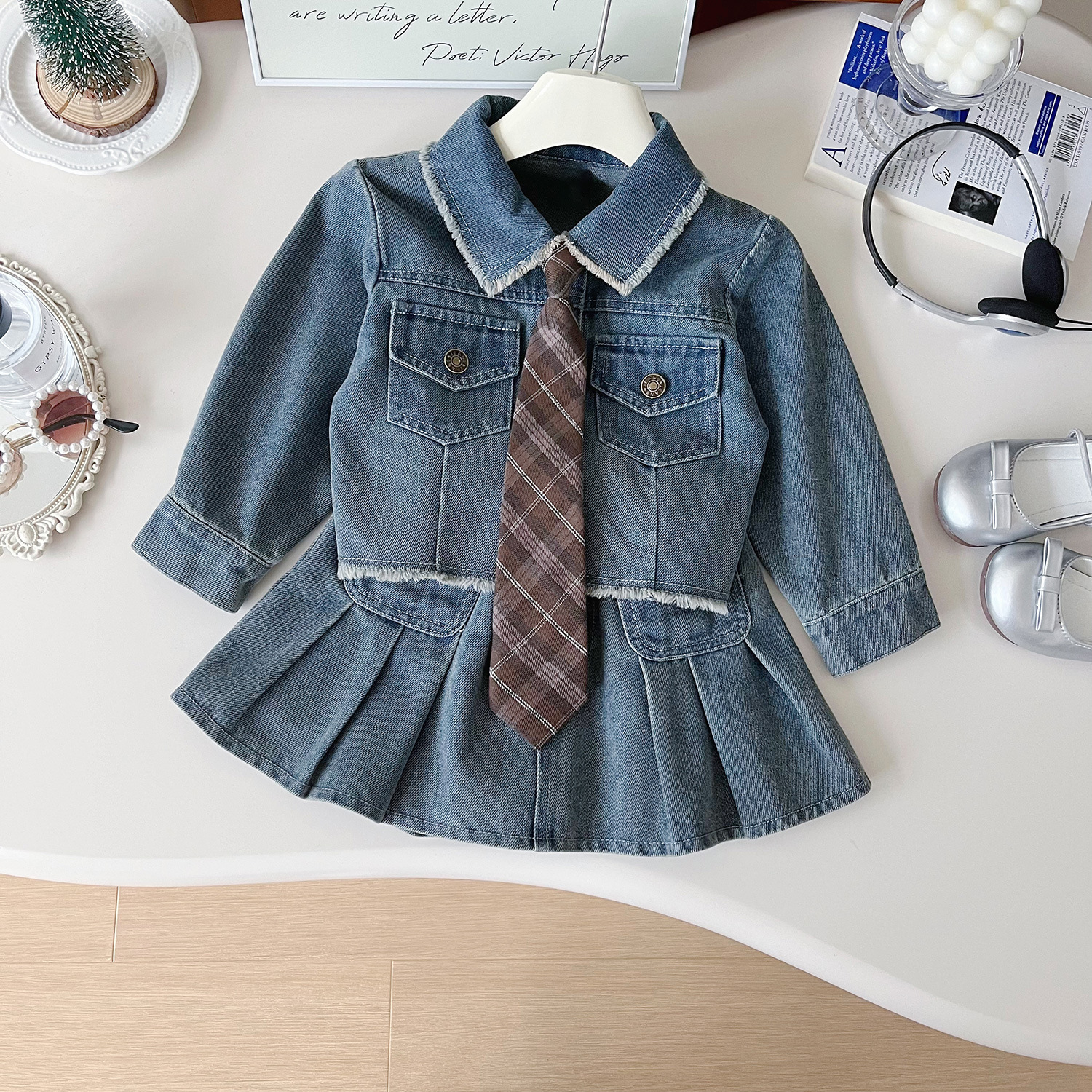 Girls Korean Style Denim Jacket And Skirt Two Piece Set For Autumn_voghion.com