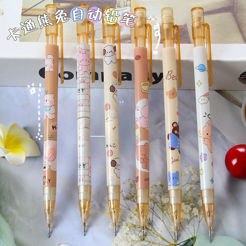 High-quality automatic pencil, cute student stationery, activity pencil, cartoon bear and rabbit, refillable lead, drawing push pencil