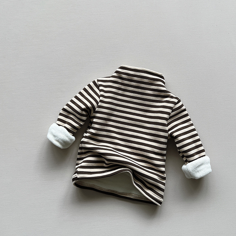 Camiseta térmica infantil de invierno con forro polar a rayas para niños pequeños y niños, nuevo estilo otoño-invierno 2025, top cálido y grueso para niños y niñas, a la moda.
