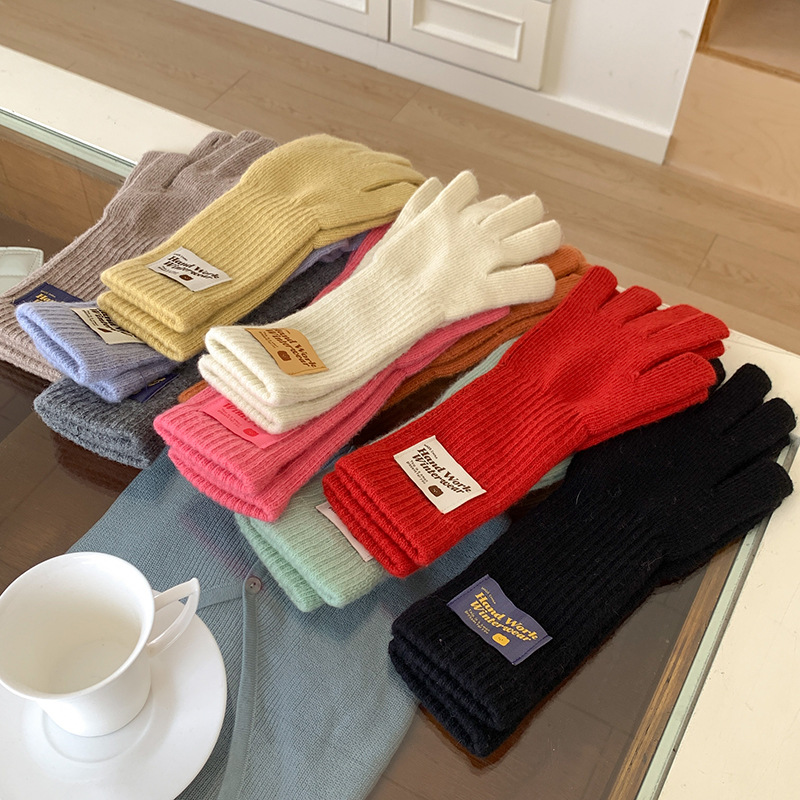Long wool gloves for women, knitted with letters and car logos, warm, college style, five-finger, suitable for cycling men
