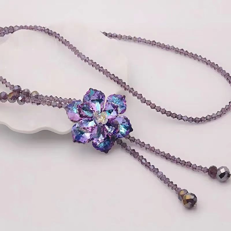 Fashionable and Versatile Purple Crystal Necklace, Colorful Flower Tassel Sweater Chain, Women's Long Elegant Elegant Clothing Accessories