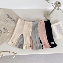2025春装新款韩版婴儿坑条开叉蝴蝶结喇叭裤女童宝宝弹力休闲裤子