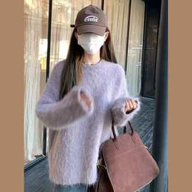 韩版水貂绒圆领套头中长款毛衣女秋冬季软糯加厚外穿水貂毛针织衫
