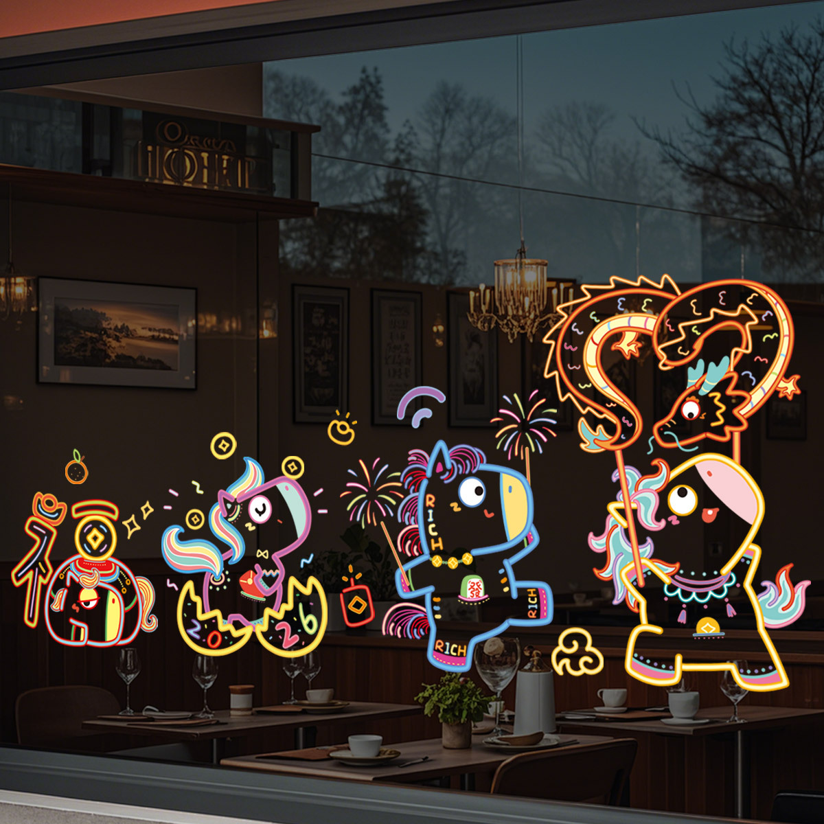 线条小马新年窗花静电贴商场橱窗玻璃过年装饰墙贴画客厅窗户贴花