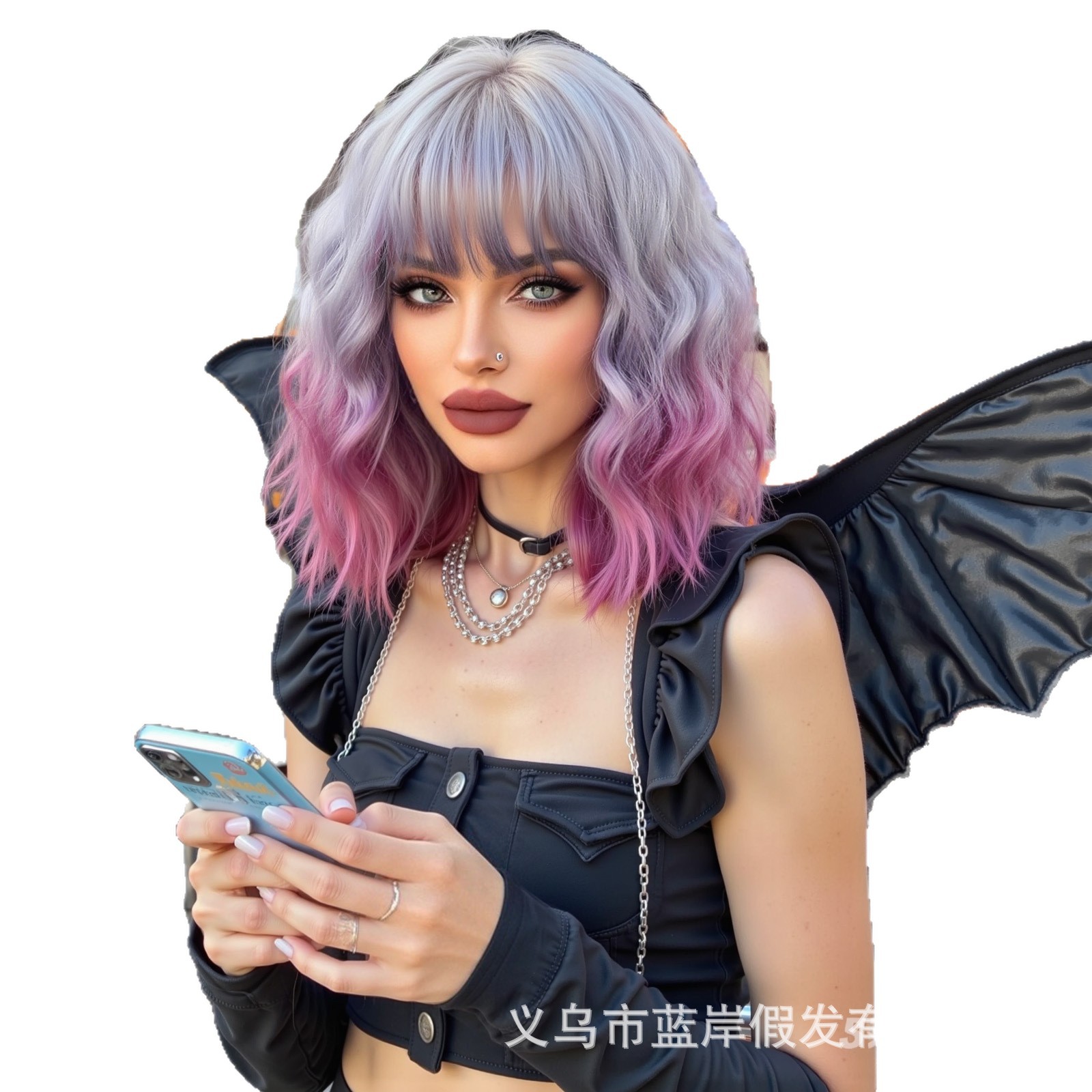 Cosplay de Halloween Color Peluca de pelo corto y rizado Cubierta de cabeza femenina Sueño de onda púrpura Cabeza de onda Funda de pelo de fibra química Wigs