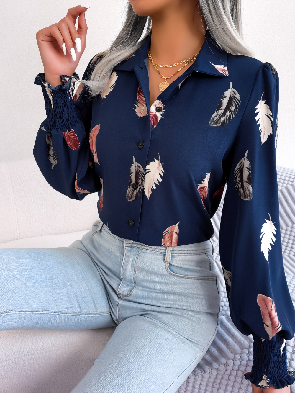 Women's Blouse Long Sleeve Blouses Button Casual Feather display picture 6