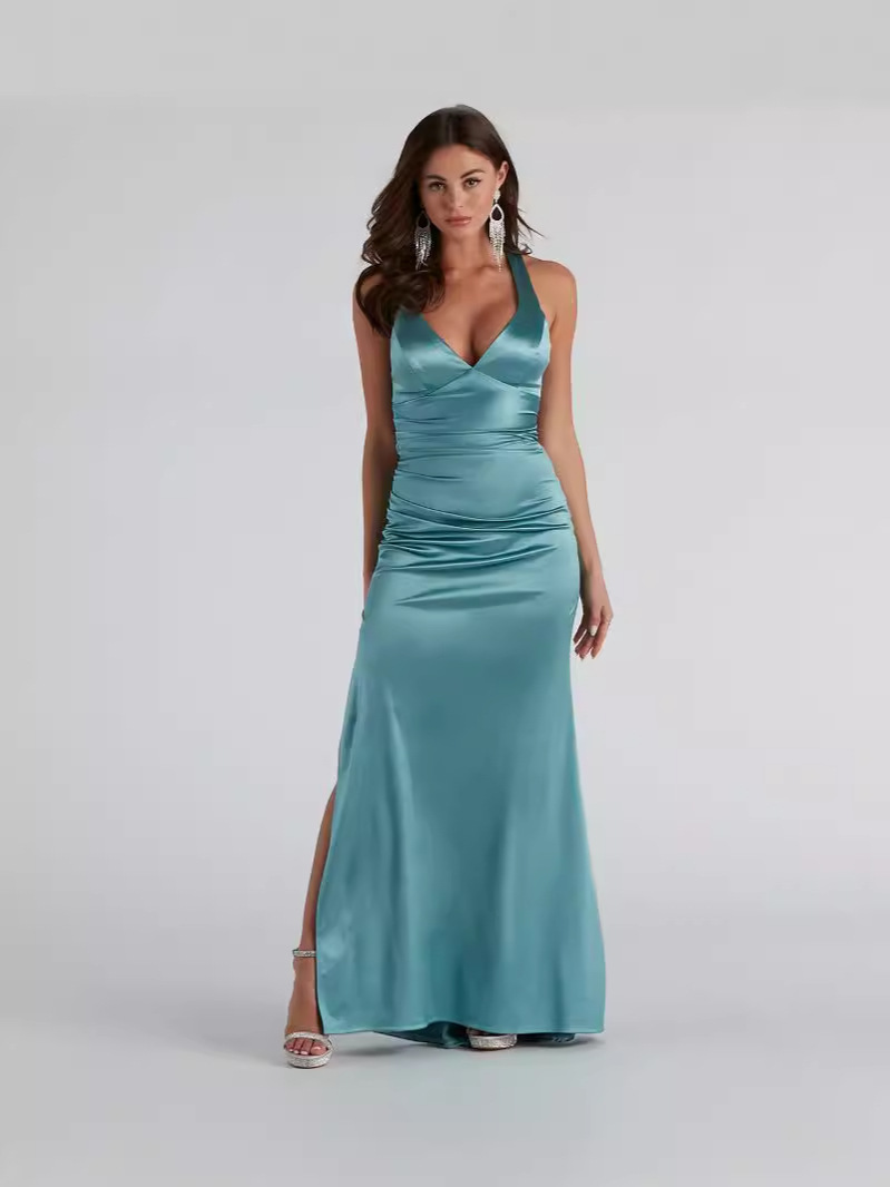 Transfronterizo europeo y americano negro swing cuello bolso falda de cadera banquete elegante vestido de tirantes de cintura alta de satén (4 colores) image 6