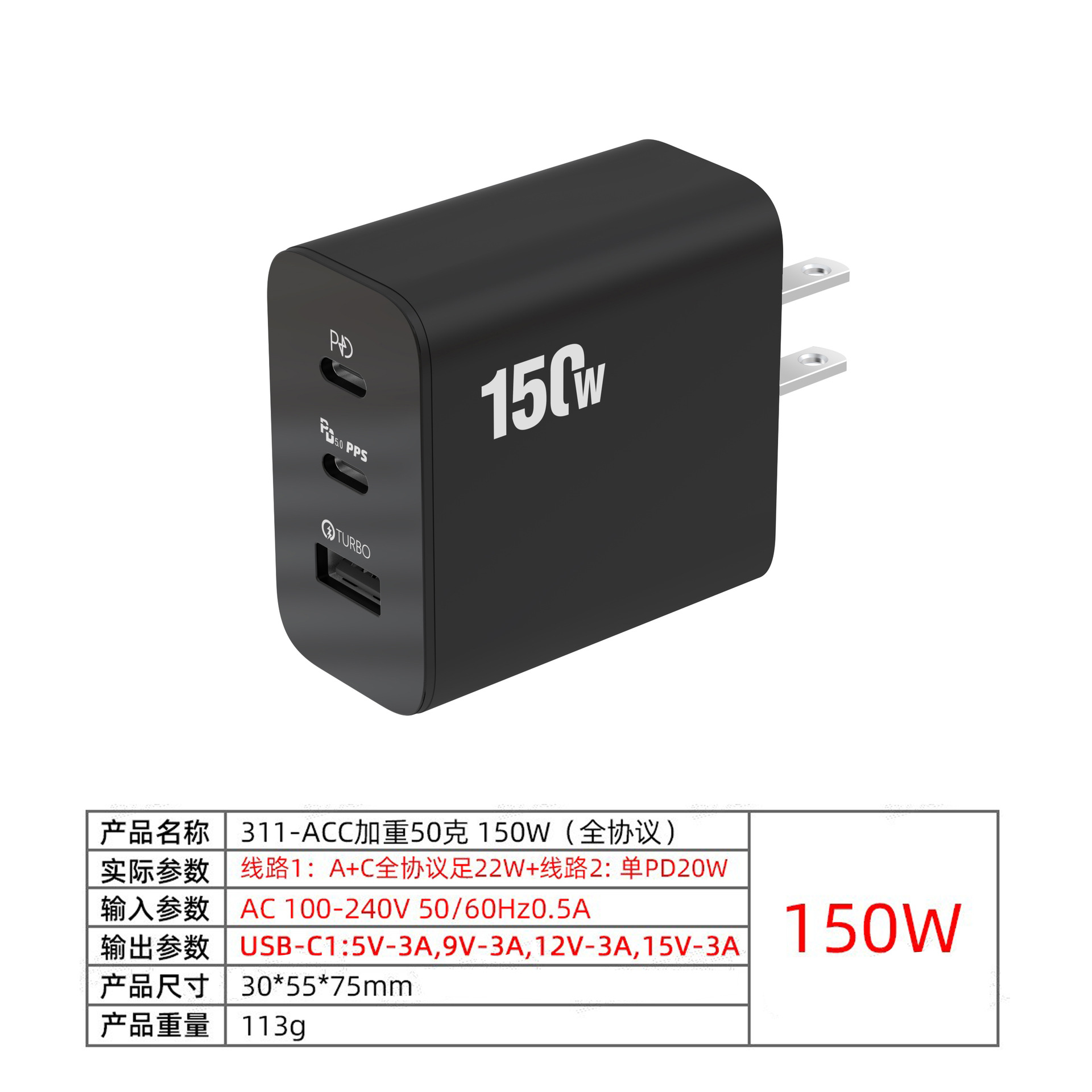 Nuevo modelo privado transfronterizo 2Type-C usb protocolo completo cabezal de carga súper rápido cargador 150W estándar europeo/americano/británico