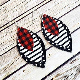 欧美跨境ebay新款复古树叶型多层红黑格皮革耳环个性条纹波点耳饰