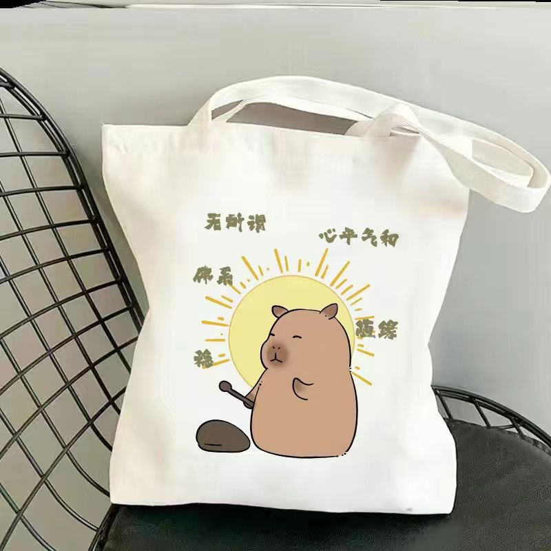 可爱水豚帆布袋大容量外出初高中补课卡通可爱小学生手提书袋加厚