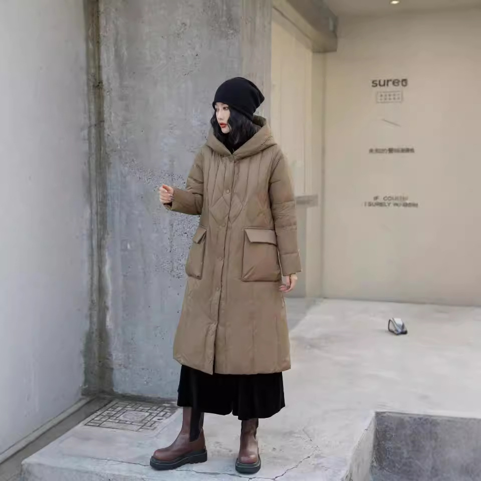 레트로 화이트 오리 다운 재킷 여성의 겨울복 2022 새로운 무릎 긴 후드 다이아몬드 모양의 격자 무늬 따뜻한 코트