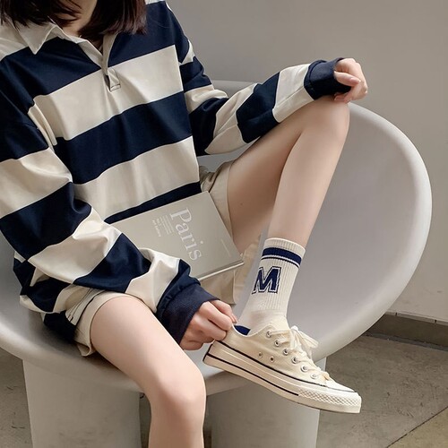 Women's Summer New Cotton Sports Ins Trend Striped Alphabet Socks Summer Refined Cotton Socks Wholesale