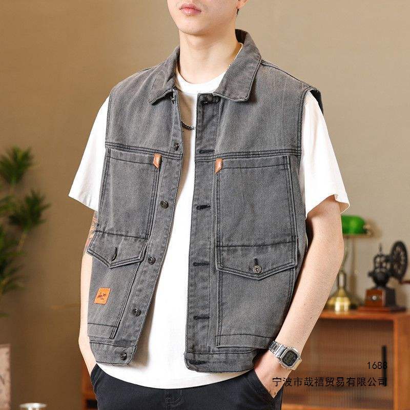 Spring and summer vintage denim jacket, loose fit, multi-pocket, trendy work vest, workwear vest, jacket for men