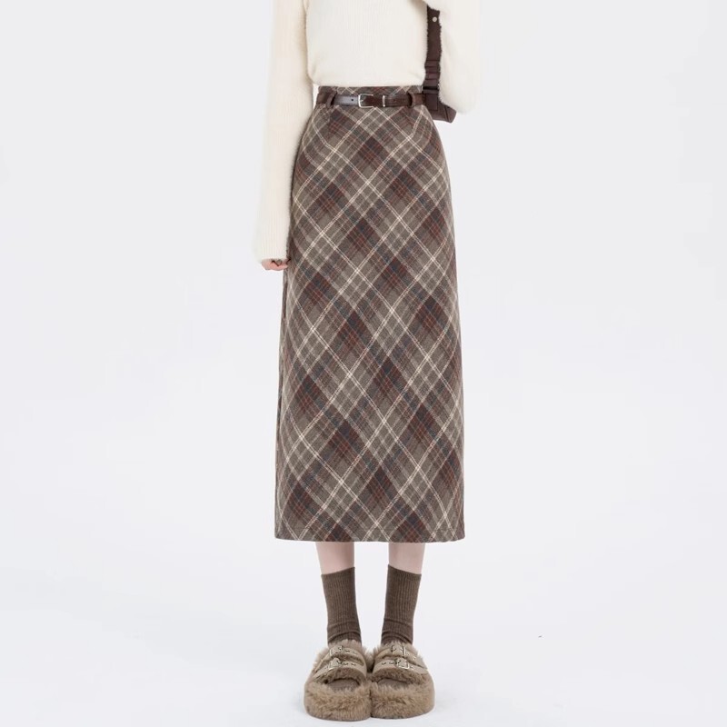 plus size chubby girl Woolen Plaid Skirt Autumn Small Mid-length Straight-tube Split Plaid A- line Hip Skirt plus size chubby girl Woolen Plaid Skirt Autumn Small Mid-length Straight-tube Split Plaid A- line Hip Skirt