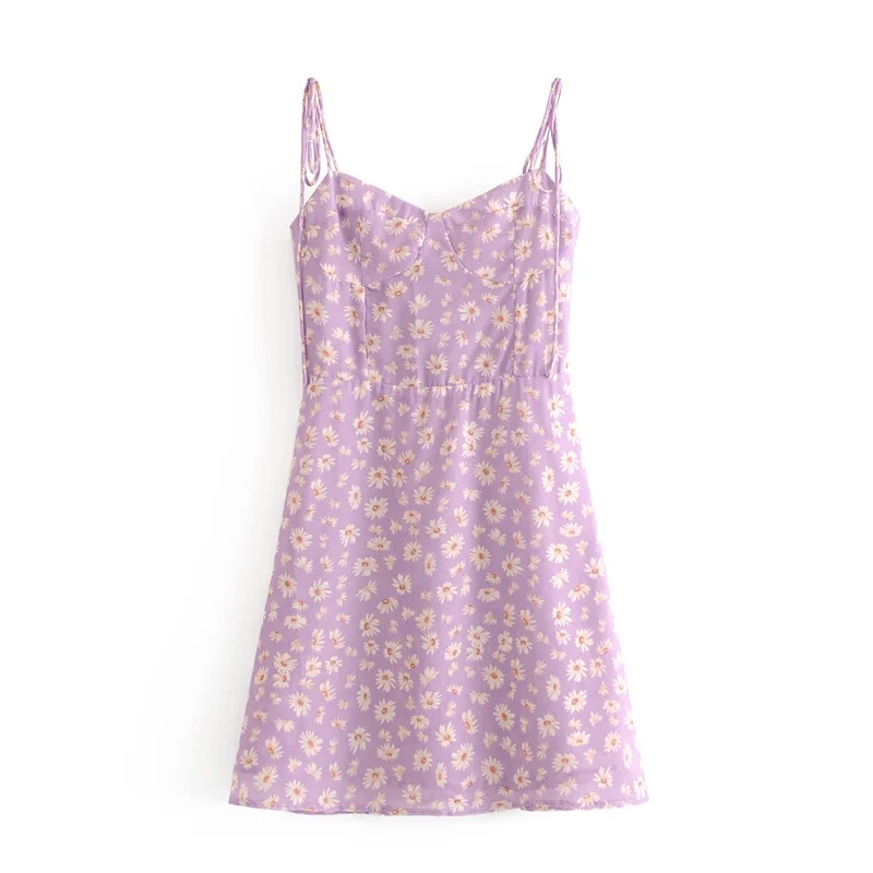 YPFF New Summer European and American French Romantic Daisy Print Sexy Lace-up Mini Purple Sling Dress