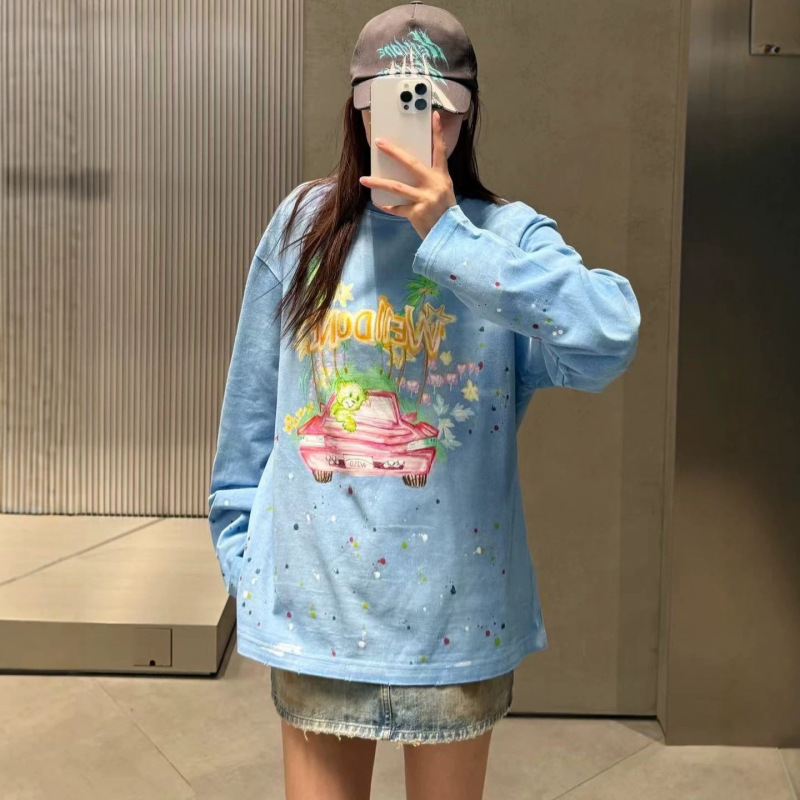 In-Stock We11 Designer Brand 26 Spring/Summer New Vintage Distressed Color-Painted Letter Long-Sleeve Unisex T-Shirt