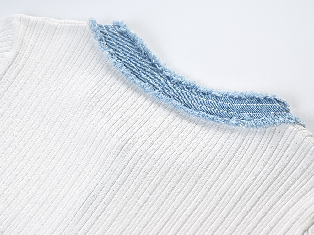 Elegancki damski sweter D, nowy letni, dżinsowy, patchworkowy, długi, z guzikami i okrągłym dekoltem, dzianinowy_voghion.com