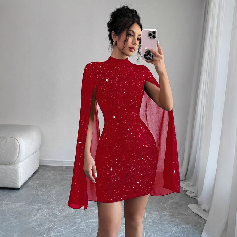 Cross-Border Women's Bell Sleeve Round Neck Pit Pearl Chiffon Cape Hip Dress Party Dress Cross-Border Women's Bell Sleeve Round Neck Pit Pearl Chiffon Cape Hip Dress Party Dress