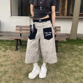 美式复古豹纹贴布口袋拼接弯刀七分裤女夏季辣妹牛仔短裤一件代发