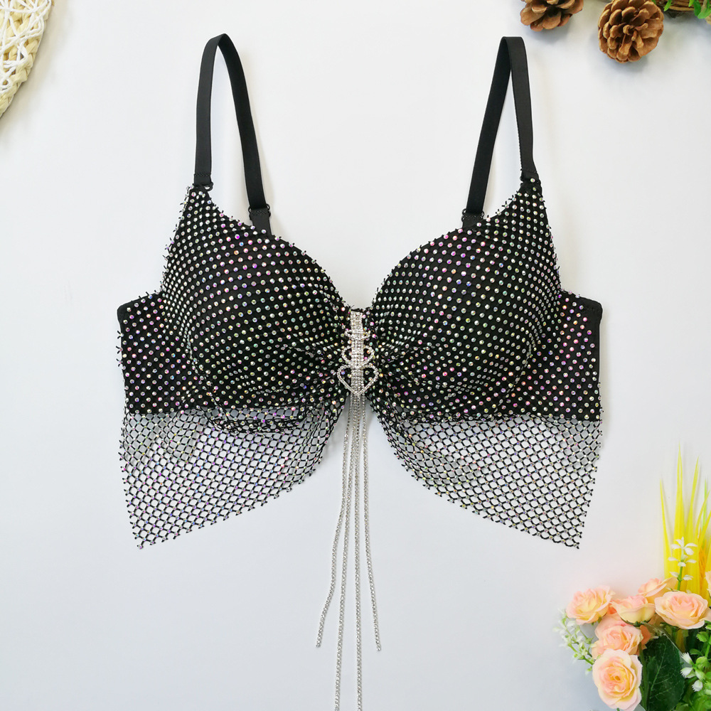 Hot-selling sexy lingerie fishnet rhinestone stage bra with iridescent butterfly bra, heart rhinestone pendant, and tassel straps.