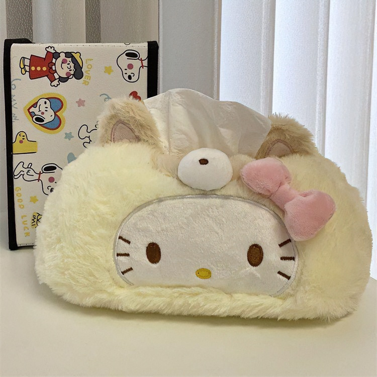 Cute kitty cream yellow plush tissue box for home use in the living room, bathroom, or car
