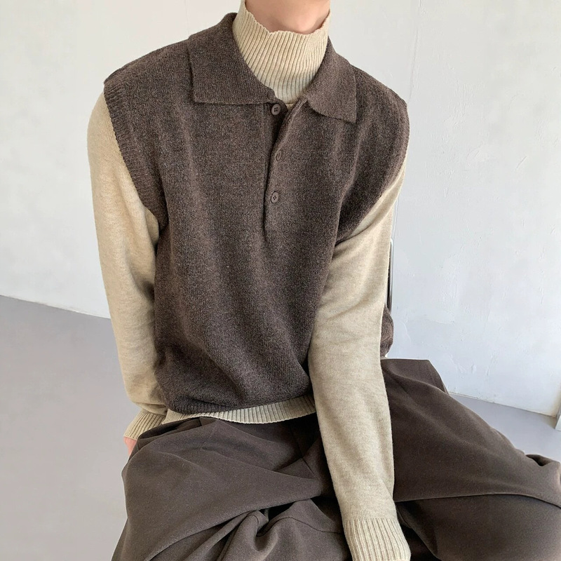 DY818 Korean-style casual polo collar knit vest, fashionable autumn and winter niche dark brown vest, ins DY818 Korean-style casual polo collar knit vest, fashionable autumn and winter niche dark brown vest, ins