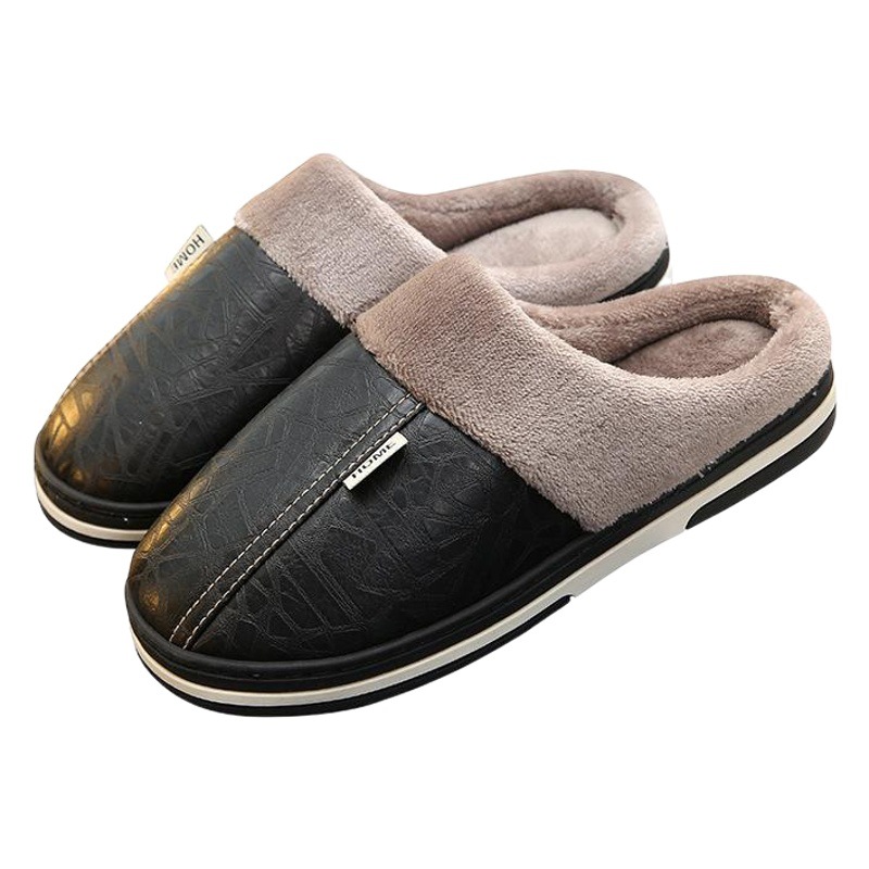 Slippers Winter Home Lovers Men and Women PU Leather Cotton Slippers Non-slip Thick Bottom Waterproof Indoor Warm Hair Mouth Slippers