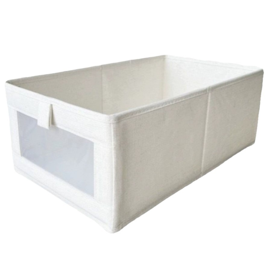 Caja organizadora de tela y lino con compartimentos visibles, ideal para ropa interior, pantalones o armarios