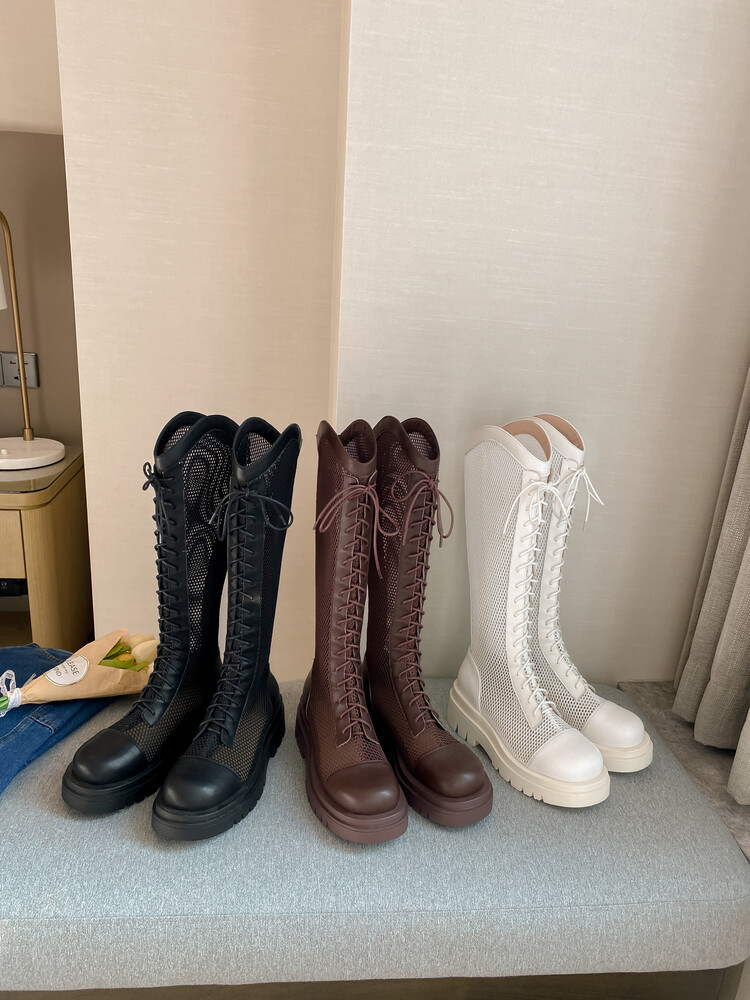 Boot lưới da thật cổ cao đế dày thoáng khí mùa xuân hè phong cách kỵ sĩ buộc dây — Màu nâu ống lớn, Màu đen cổ ống lớn, Ống nhỏ màu đen, Ống nhỏ màu be chi tiết 23
