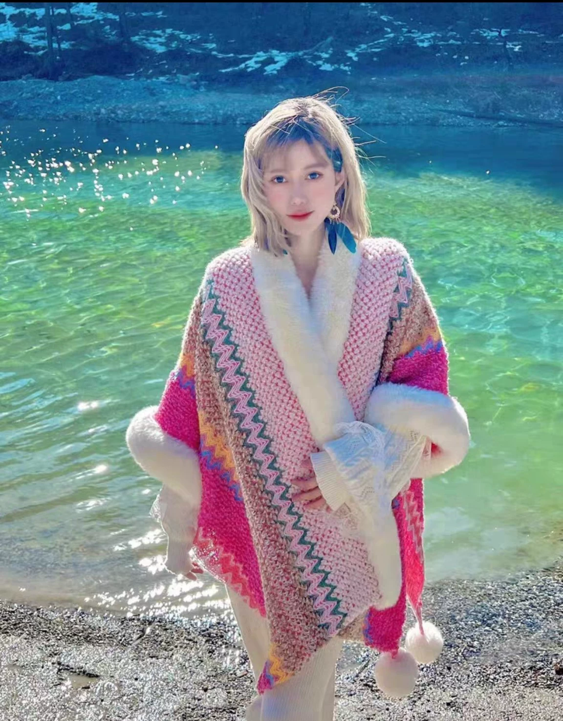 Этническое плащ-пальто, шерстяной knitted плащ, подвеска ручной работы с кисточками для путешествий