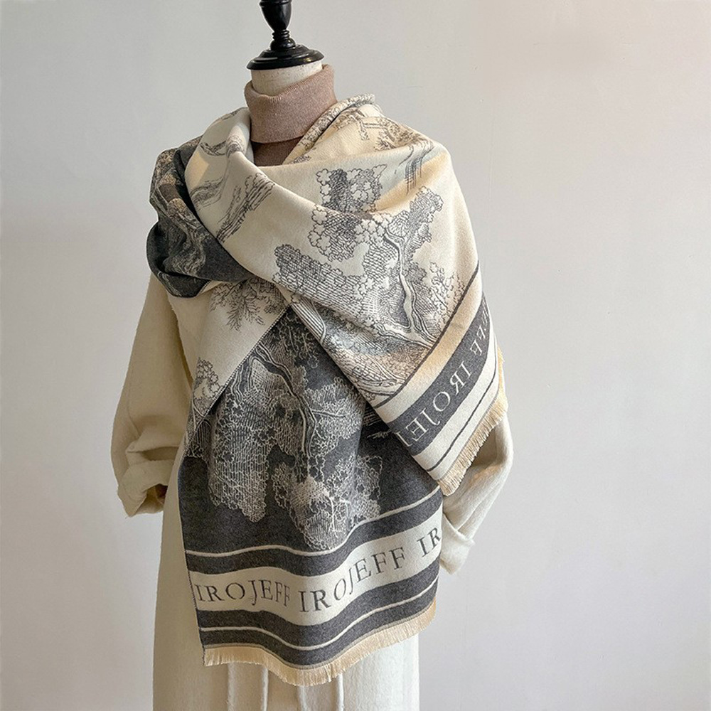 Jacquard Landscape Painting Cashmere Scarf For Women's Office Air-conditioned Room Thick And Warm Long Trendy Scarf_voghion.com