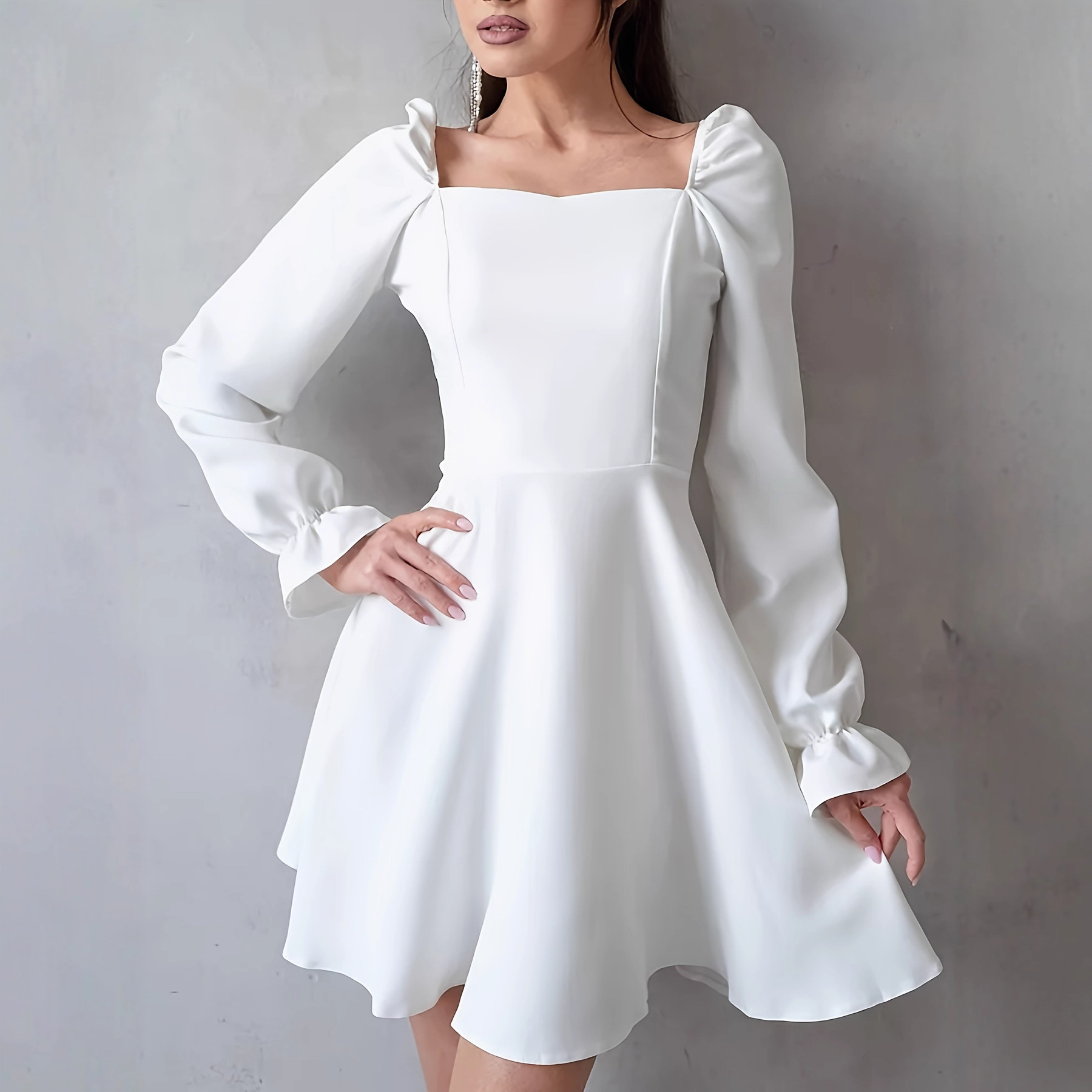 Women's Fashion for Foreign Trade Independent Site Aliexpress New Fashion Square Neck Puff Sleeve High-Waisted Slimming Dress Evening Gown