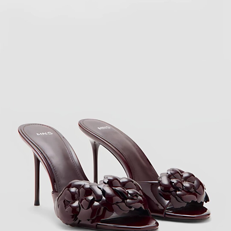 Spanish Mng Mango Women's Chocolate-Colored Floral Patent Leather High-Heeled Sandals for Women