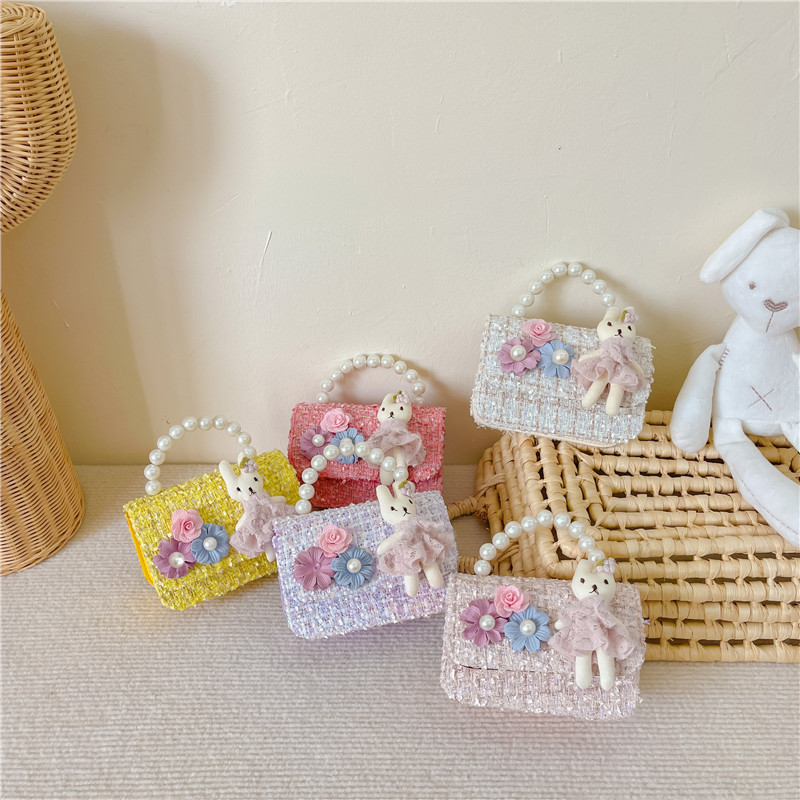 Ins nuevo estilo bolso de las niñas perla estilo chanel bolsa de moda portátil de lana pequeña flor moda chica princesa bolsa de mensajero