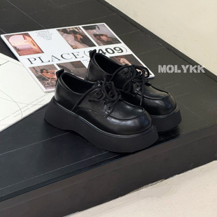 Cross-Border Bsn. Thick-Soled Lightweight Loafers for Women, New Spring Style, British Style Retro Black Lace-Up Small Leather Shoes