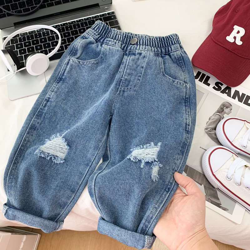 Ropa de primavera para niños, jeans agujeros para niños, pantalones de estilo suelto para niños, pantalones de estilo coreano