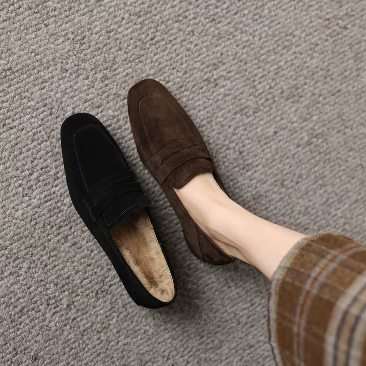 Кожа плюс бархат маленькие кожаные туфли женские зимние ретро матовые овчины с низким толстым каблуком