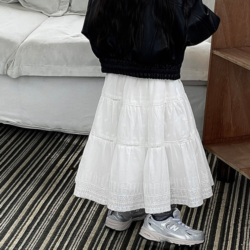 Yuyu Princess Girls' French Retro High-Waisted Flowy Semi-Skirt for Baby Girls with Lace Embroidery A-Frame Maxi Dress