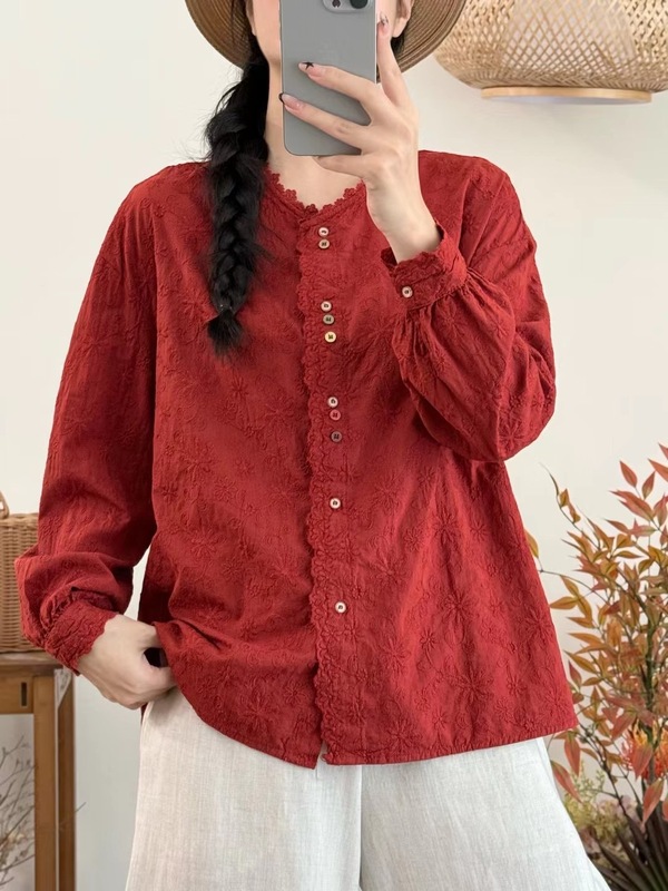 新品休闲设计感清新刺绣彩扣宽松花边领长袖衬衫|undefined