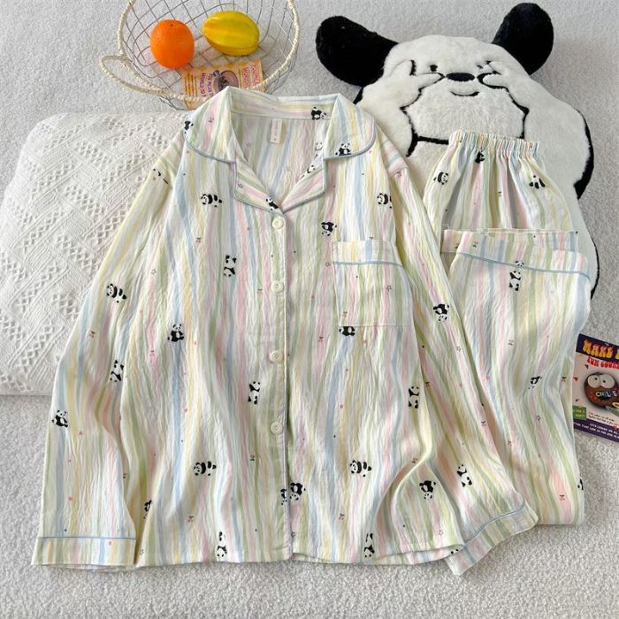 Al por mayor transfronterizo cien pijamas de verano mujeres 2025 nuevas nubes de algodón pantalones de manga larga dibujos animados lindos ropa para el hogar