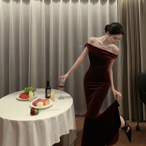 Red velvet evening dress