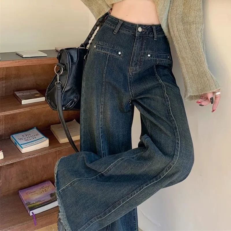 新款拖地裤高腰设计感2025春秋美式直筒宽松阔腿复古牛仔裤女显瘦|undefined