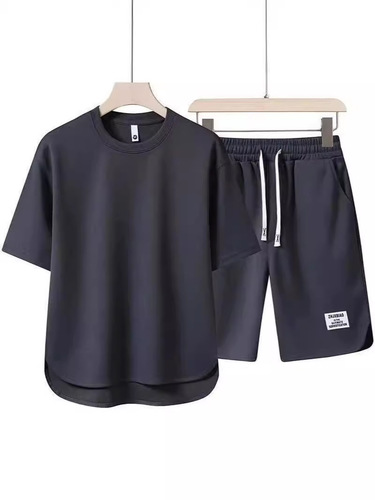 【Seven Color Options】Summer Short Sleeve Set Men's Crew Neck T-Shirt High-End Solid Color Half Sleeve Fashion Open Hem Five-Finger Pants
