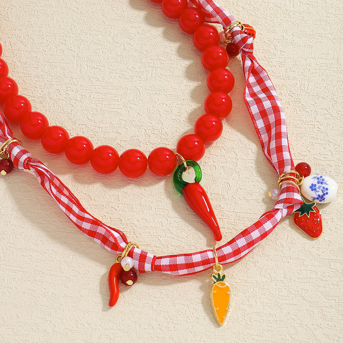 Women's Gender Cute Modern Style Cherry Fruit Carrot Alloy Plastic Bandana Silk Scarf Cord Beaded Chain Lobster Trigger Clasp Closure Pendant Necklaces Wholesale